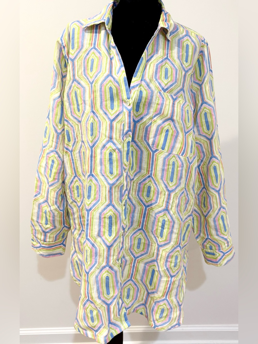 Sigrid Olsen 100% Linen Tunic Top XL Geo Print Button Beach Coastal Resortwear
